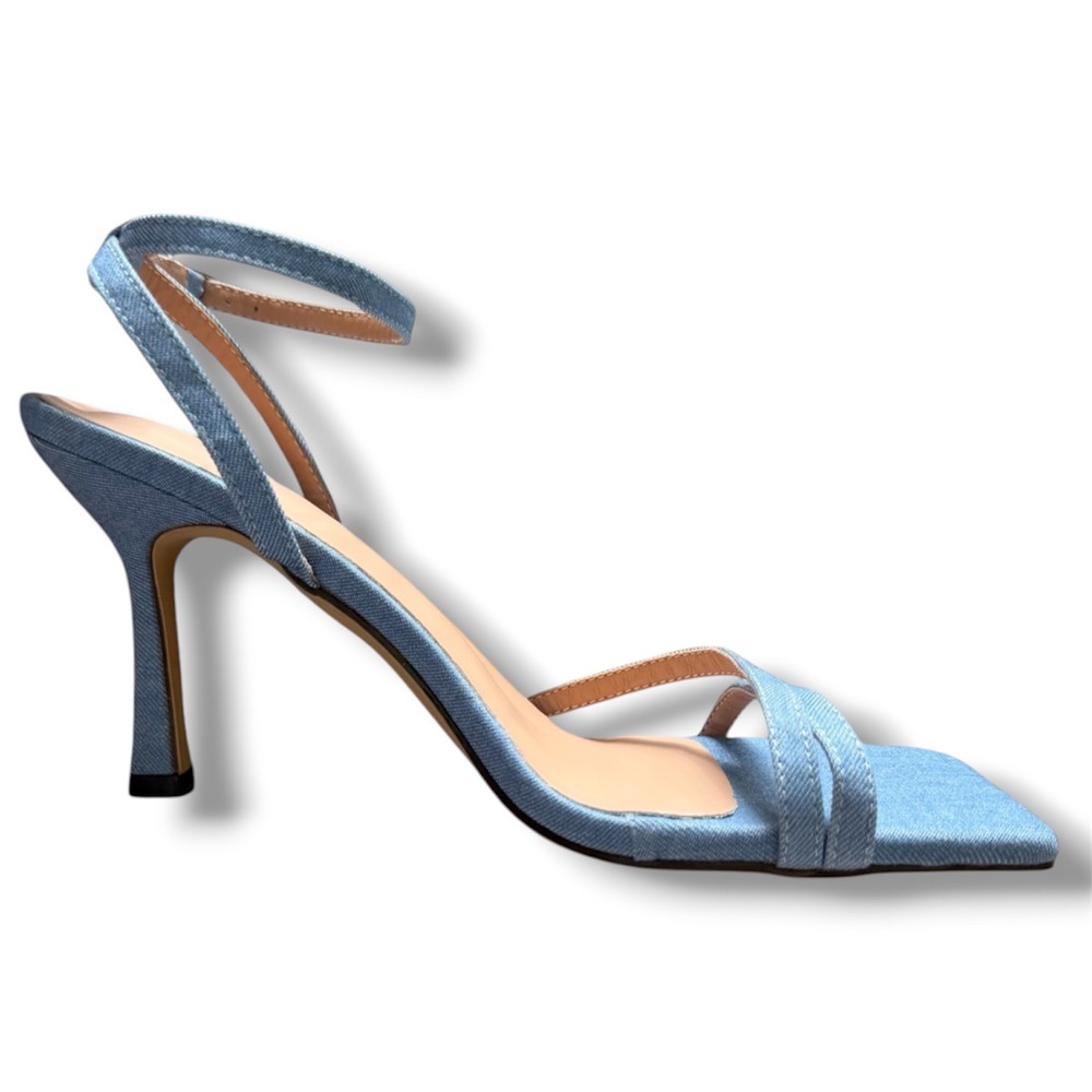 Light Blue Denim Strappy Square Toe Stiletto Heels Ankle Strap Sandals Sz 9 NEW - Picture 10 of 13
